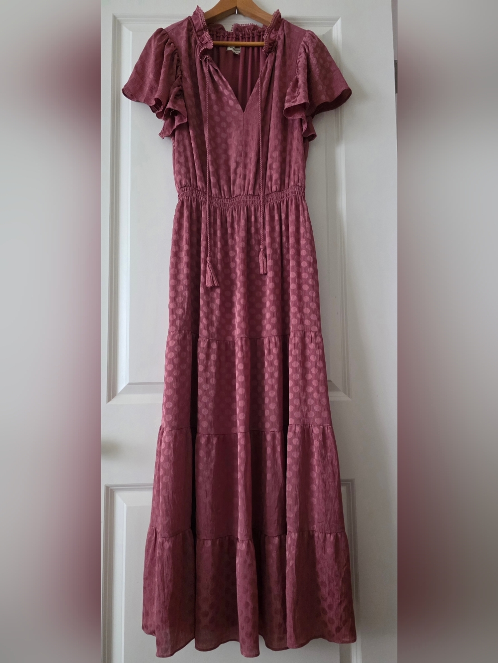 Max Studio High Neck Ruffle Tiered Maxi Dress Polka Dot Mauve Womens M Preppy